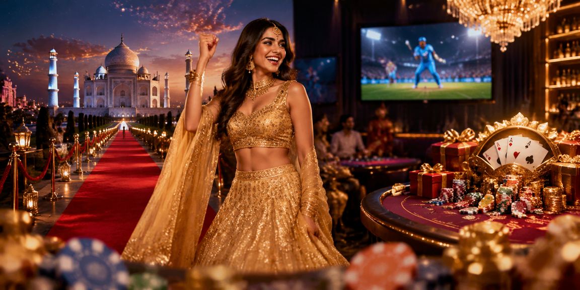 Person using mobile phone for online betting with cricket and casino background